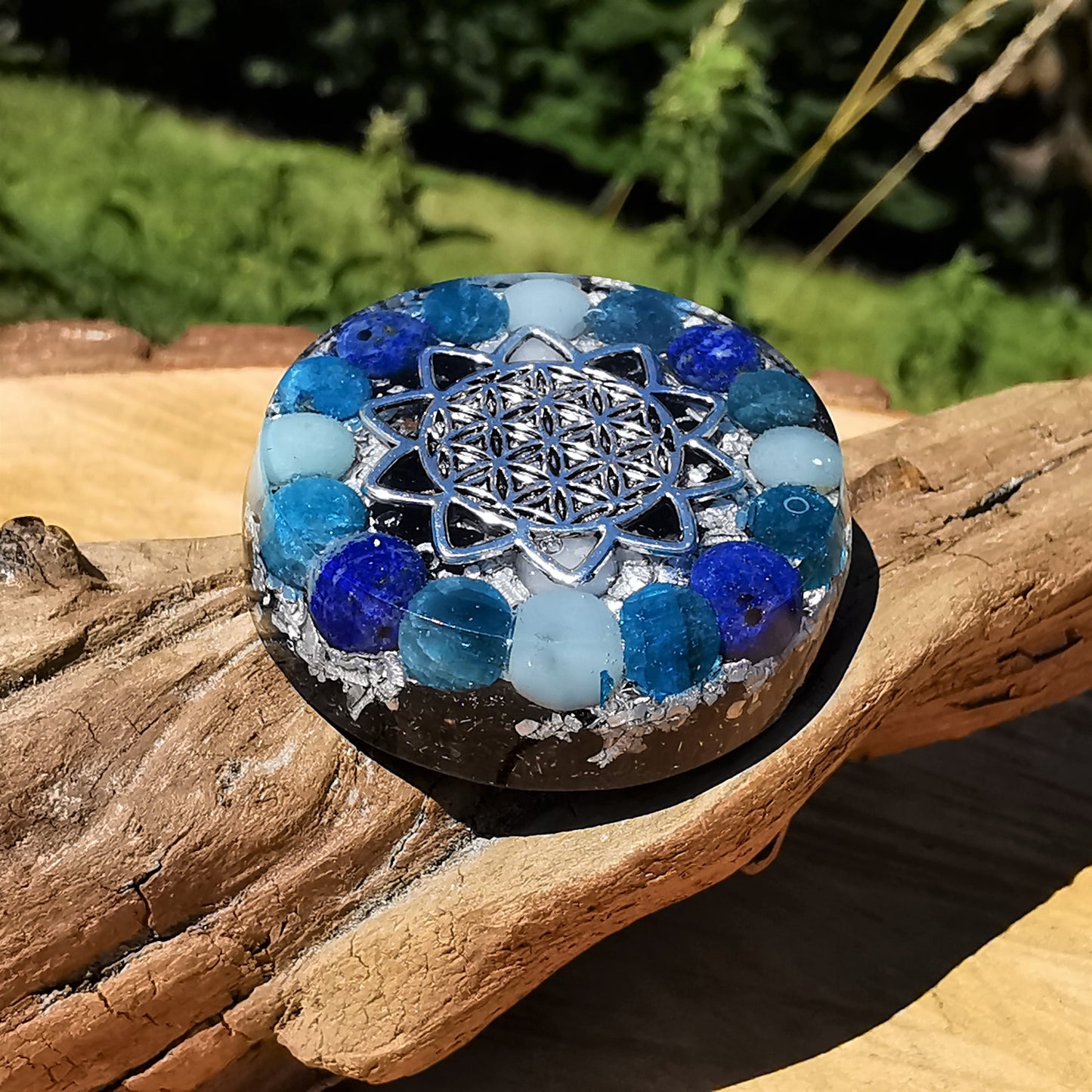 Orgone Mini Schild STÄRKE, WAHRHEIT & INNERE RUHE special EMF Protection mit E-Link Lebensblume