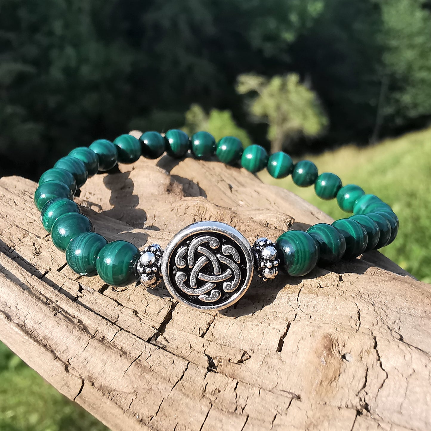 Heilstein Armband NEUBEGINN mit MALACHIT S925 keltisch 6mm Kugeln