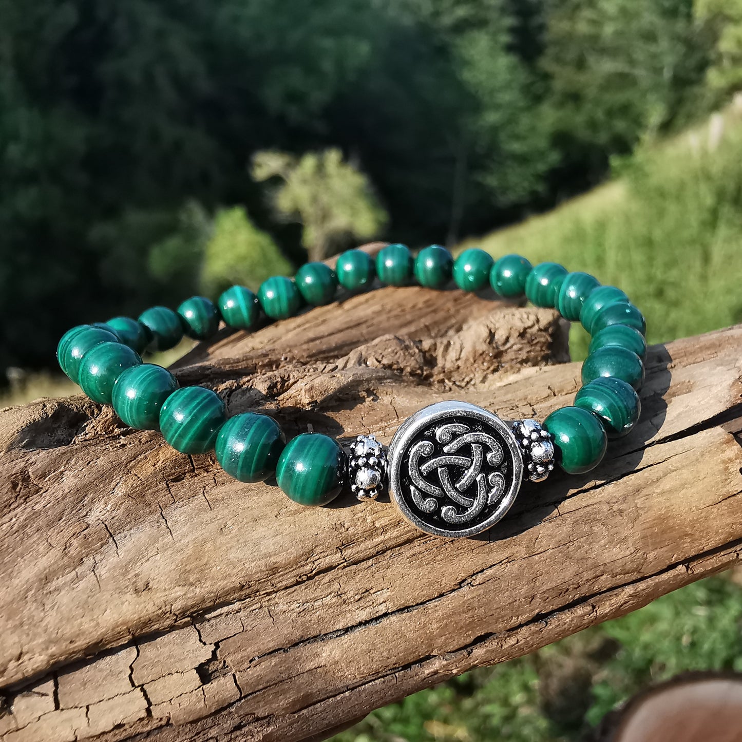 Heilstein Armband NEUBEGINN mit MALACHIT S925 keltisch 6mm Kugeln