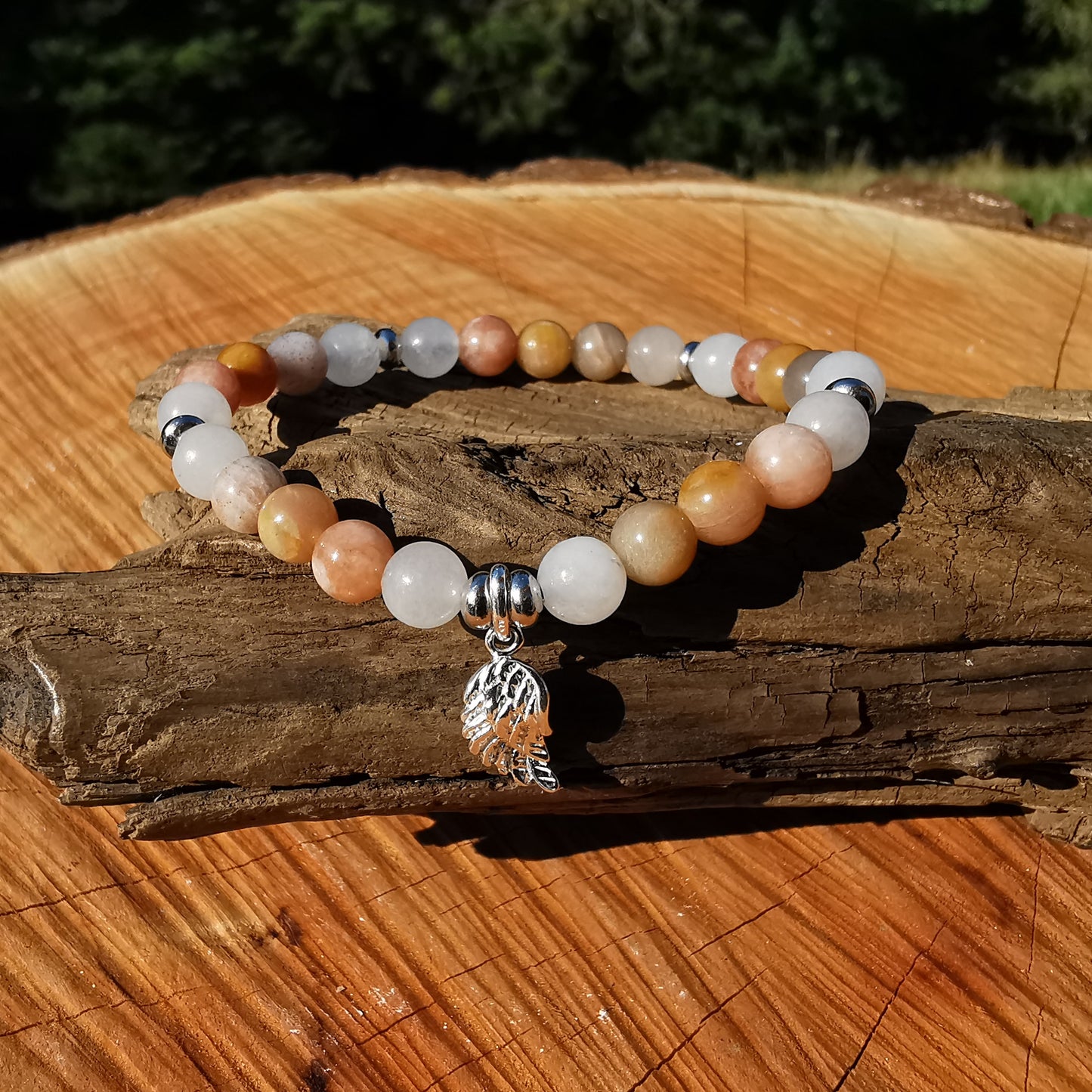 Heilstein Armband BEWUSST SEIN Mondstein Engelsflügel 6mm Kugeln