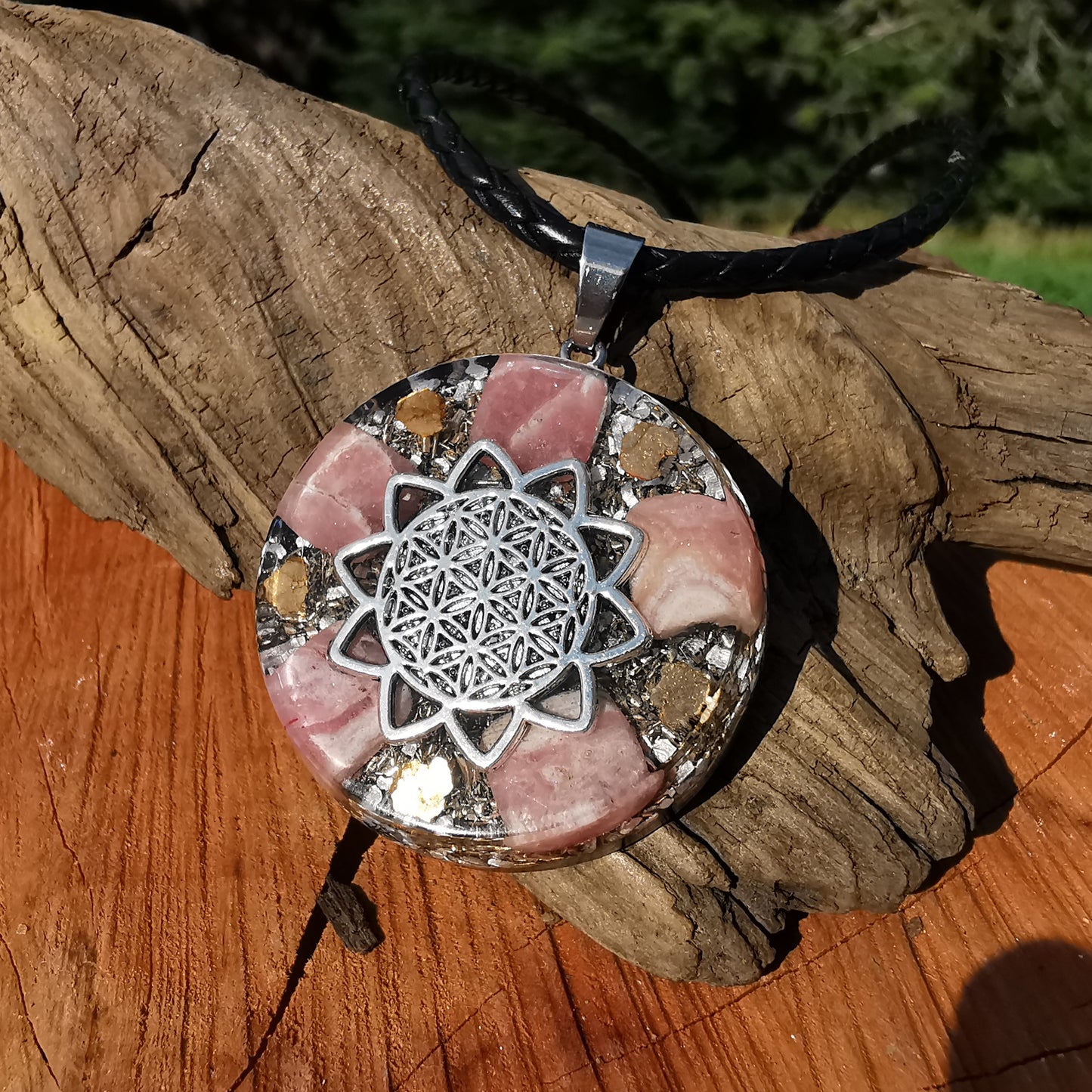 Grosser Orgone Anhänger LIEBE mit RHODOCHROSIT Lebensblume silber