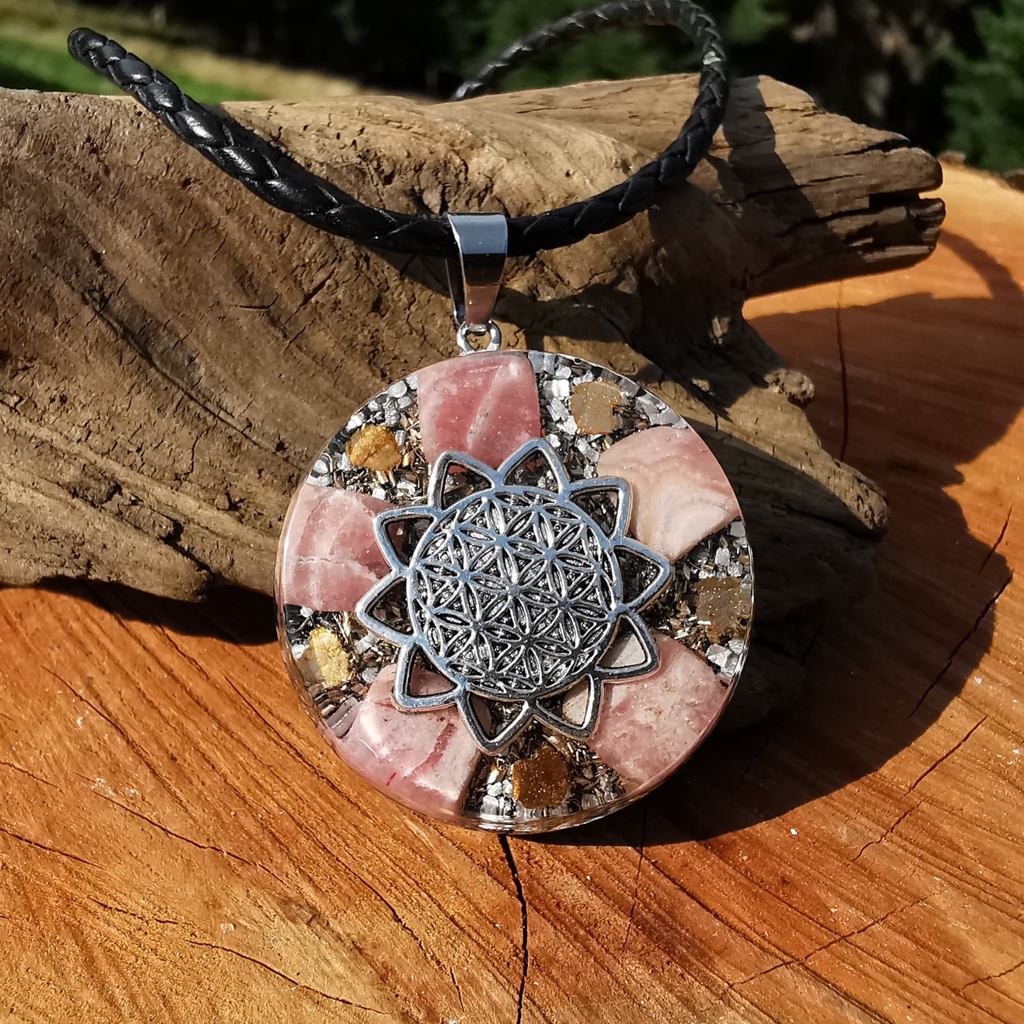 Grosser Orgone Anhänger LIEBE mit RHODOCHROSIT Lebensblume silber