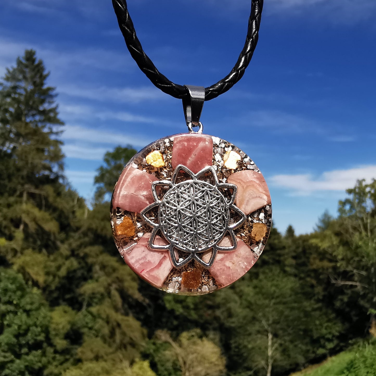 Grosser Orgone Anhänger LIEBE mit RHODOCHROSIT Lebensblume silber