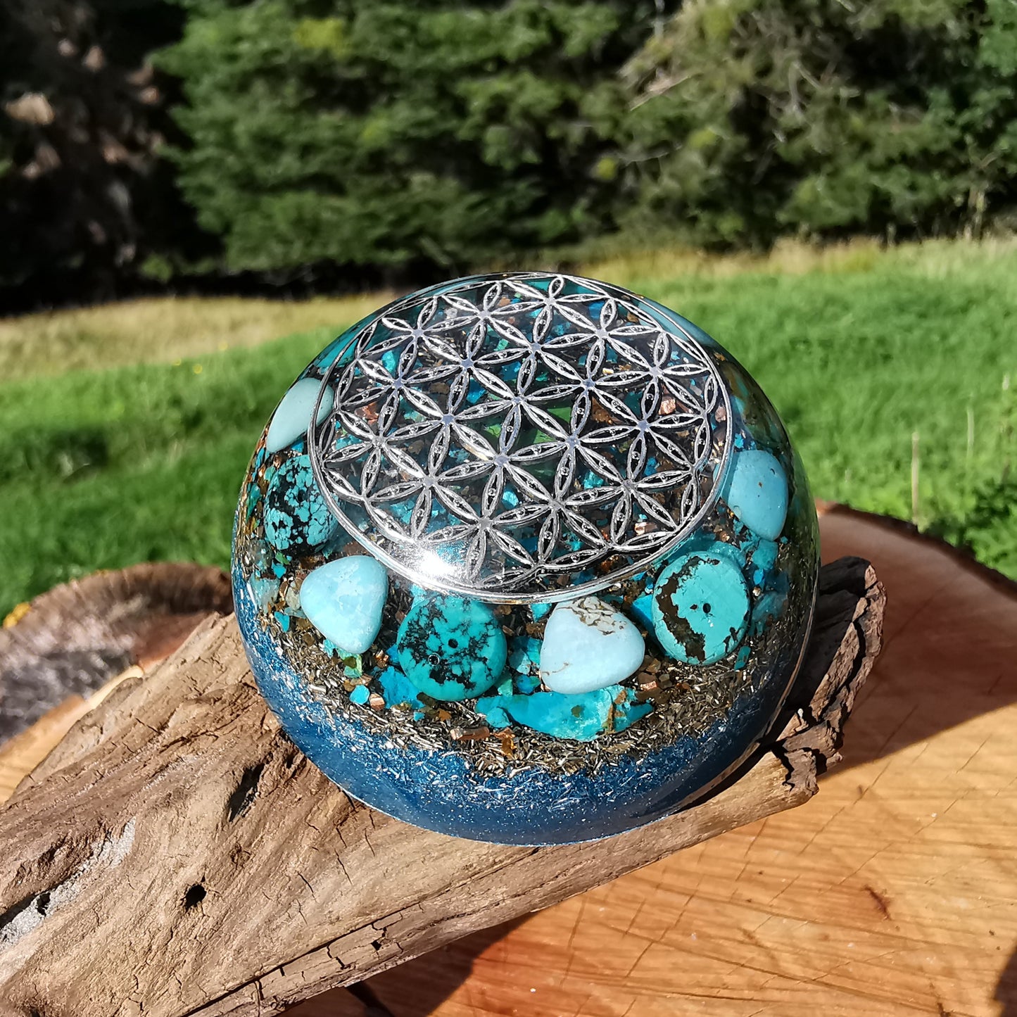 Orgone Hemisphäre EMOTIONALE HEILUNG mit TÜRKIS, MAGNESIT & CHRYSOKOLL 7cm