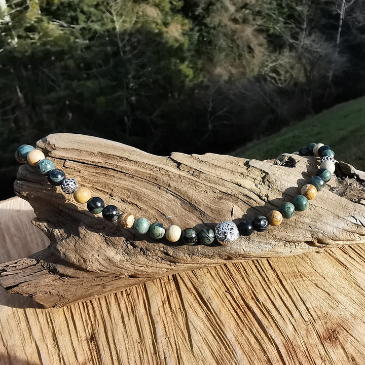 Edelsteinkette FRIEDEN mit Eldarit & Bilderjaspis S925 Lebensbaum 6mm Kugeln UNIKAT 39cm