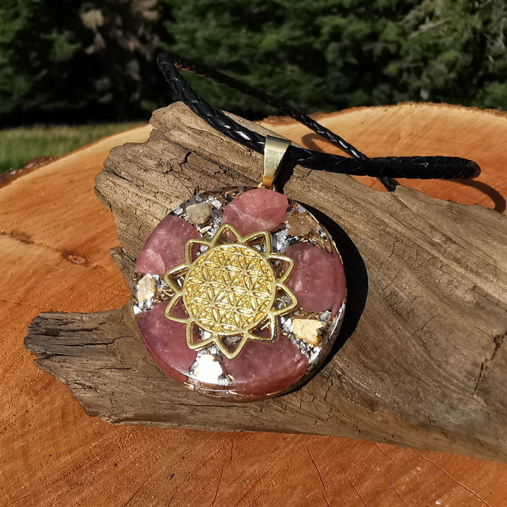 Orgone Anhänger gross LIEBE mit RHODOCHROSIT Lebensblume gold