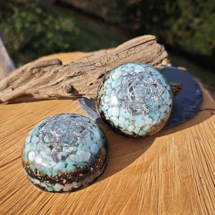 Hemisphäre RUHE & GEBORGENHEIT mit AMAZONIT & LARIMAR 7cm