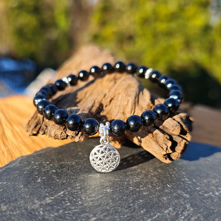 Edelstein Armband ENERGETISCHER SCHUTZ Schwarzer Turmalin 6mm S925 Lebensblume