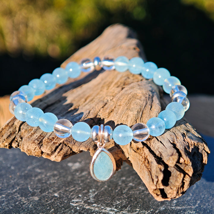 Edelstein Armband URVERTRAUEN & KLARHEIT Aquamarin Bergkristall Tropfen S925 6mm