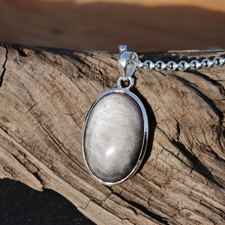 Silberschimmer Obsidian oval Anhänger gefasst in Silber 925