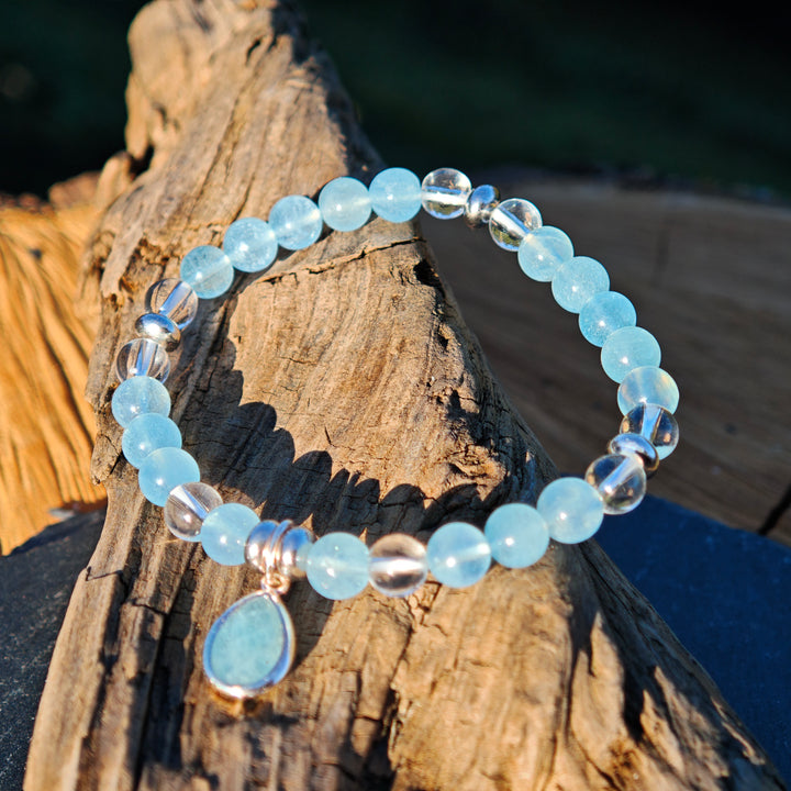 Edelstein Armband URVERTRAUEN & KLARHEIT Aquamarin Bergkristall Tropfen S925 6mm