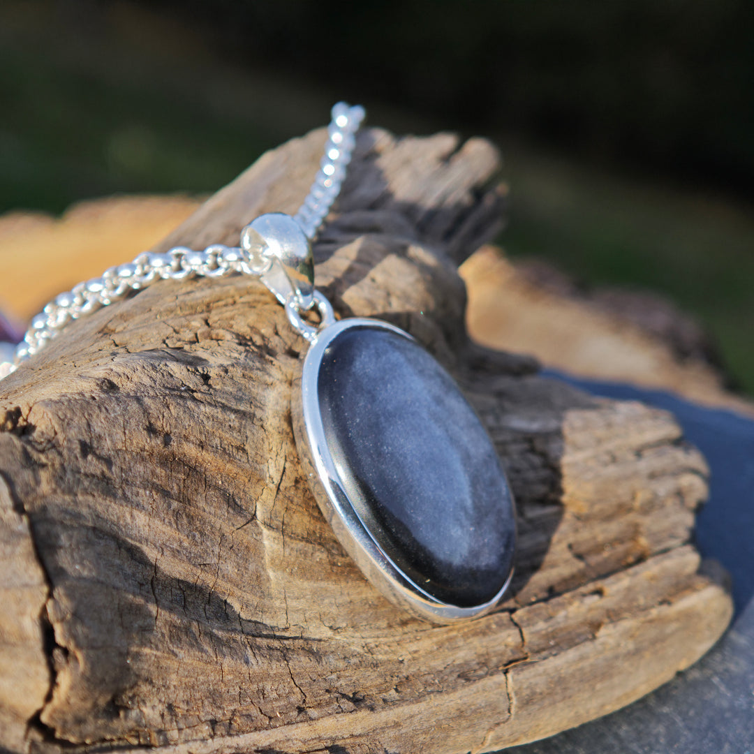 Silberschimmer Obsidian oval Anhänger gefasst in Silber 925