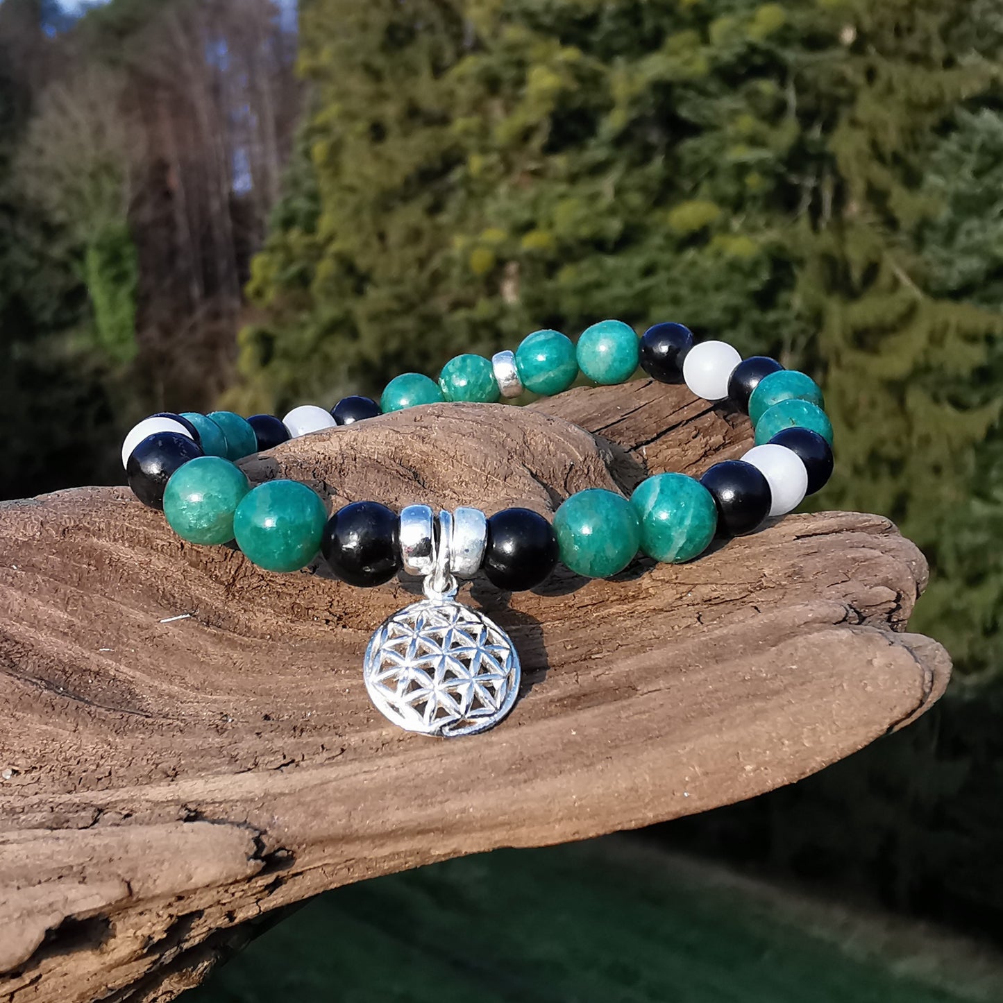 Heilstein Armband INNERE RUHE & EMF Schutz Amazonit Baryt Schwarzer Turmalin Lebensblume Charm 6mm Kugeln