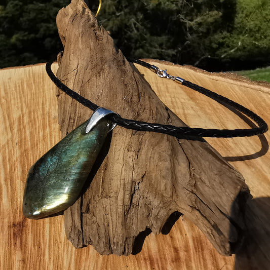Ocean jasper (ocean agate) braided in silver wire on silver 925 leather cord