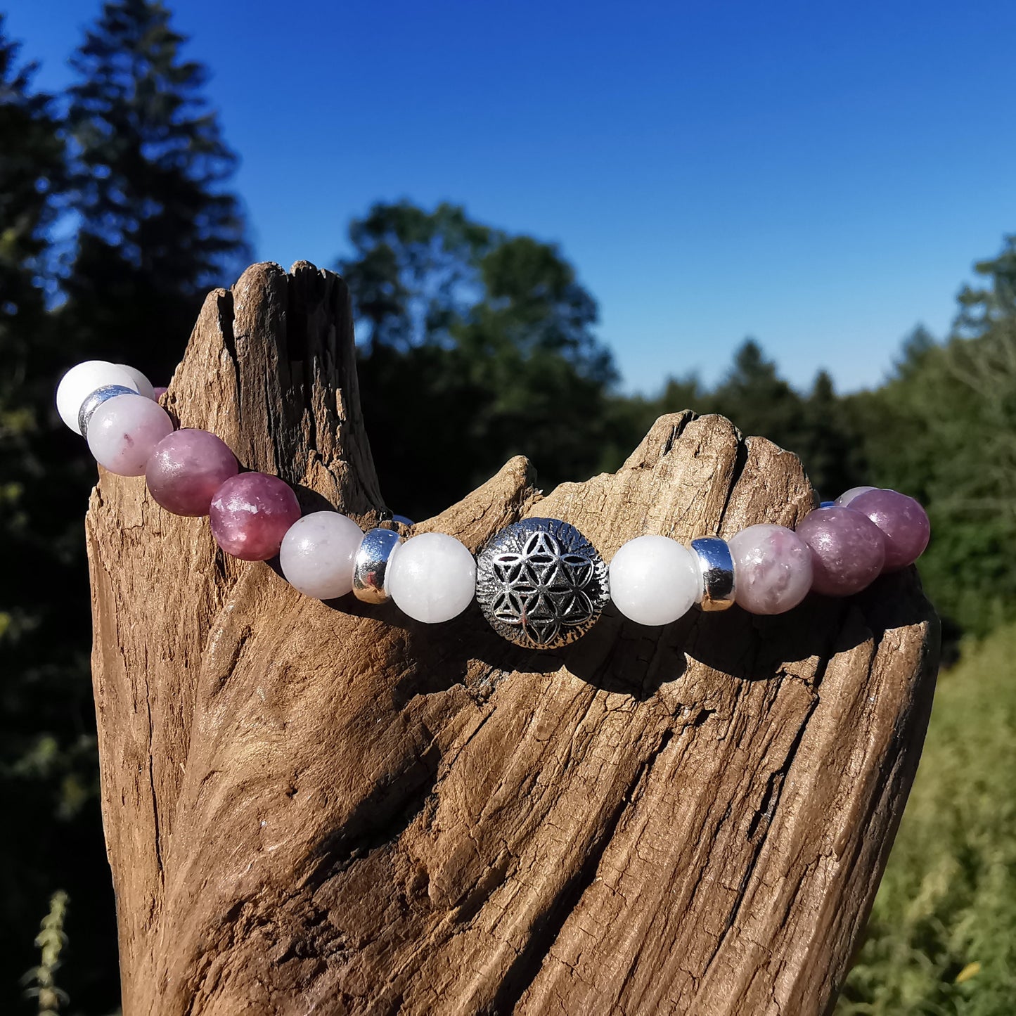 Heilstein Armband Wandlung & Befreiung Lepidolith Baryt Lebensblume 6mm Kugeln