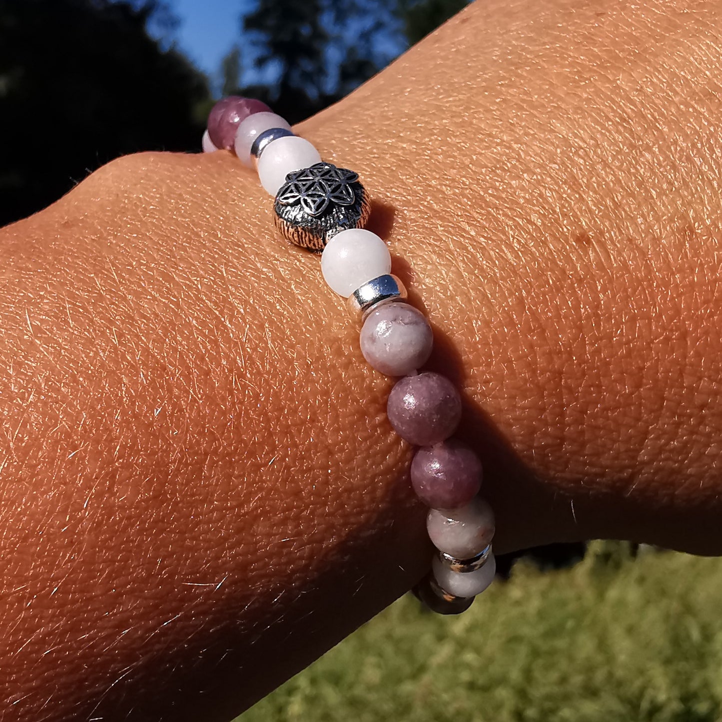 Heilstein Armband Wandlung & Befreiung Lepidolith Baryt Lebensblume 6mm Kugeln