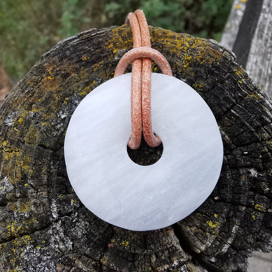 Barite pendant donut with leather cord
