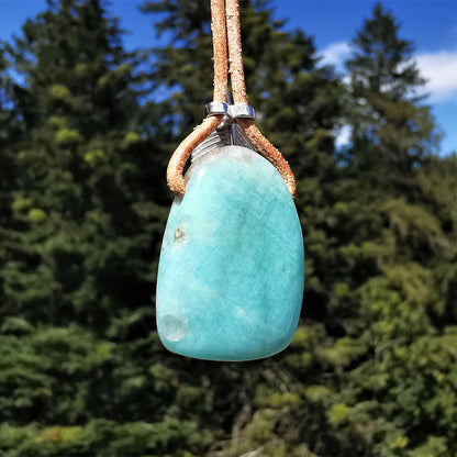 Amazonite pendant drilled with hanger spring S925 & leather cord (1)