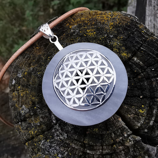 Barite pendant donut with silver 925 flower of life